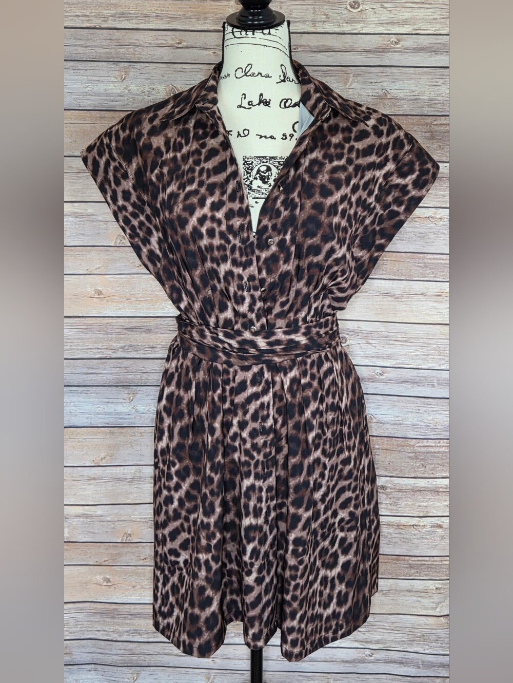 DKNY Brown Leopard Print Belted Shirt Dress